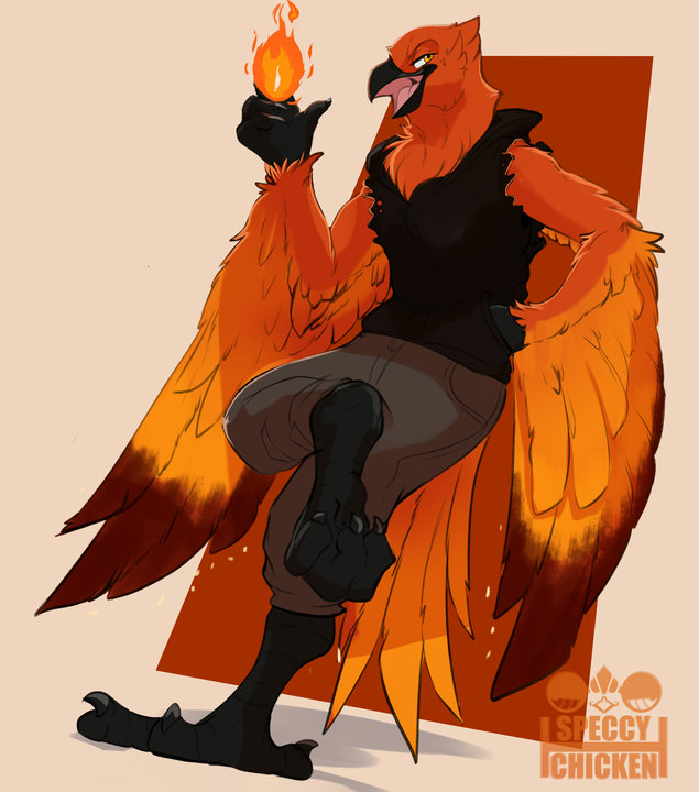 Digital drawing. An anthropomorphic phoenix wearing a hoodie and shorts is leaning against a wall in a relaxed yet confident pose, holding a fireball in one hand as if playing with it. He is looking at the viewer with a suave and confident look.