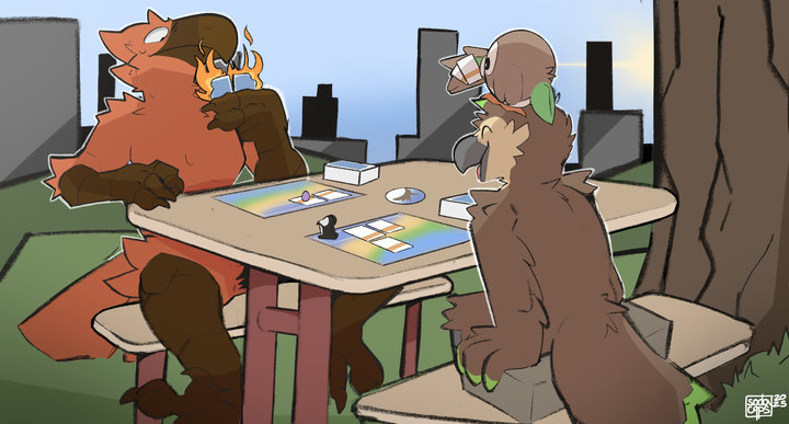 Digital cartoon drawing. An anthro phoenix and an owl are sitting at a park bench, playing a game of wingspan. The phoenix is looking at his cards with a confused expression - they are on fire. Meanwhile the owl is laughing and not playing themselves, instead their cards are being held by a rowlet sitting on their head